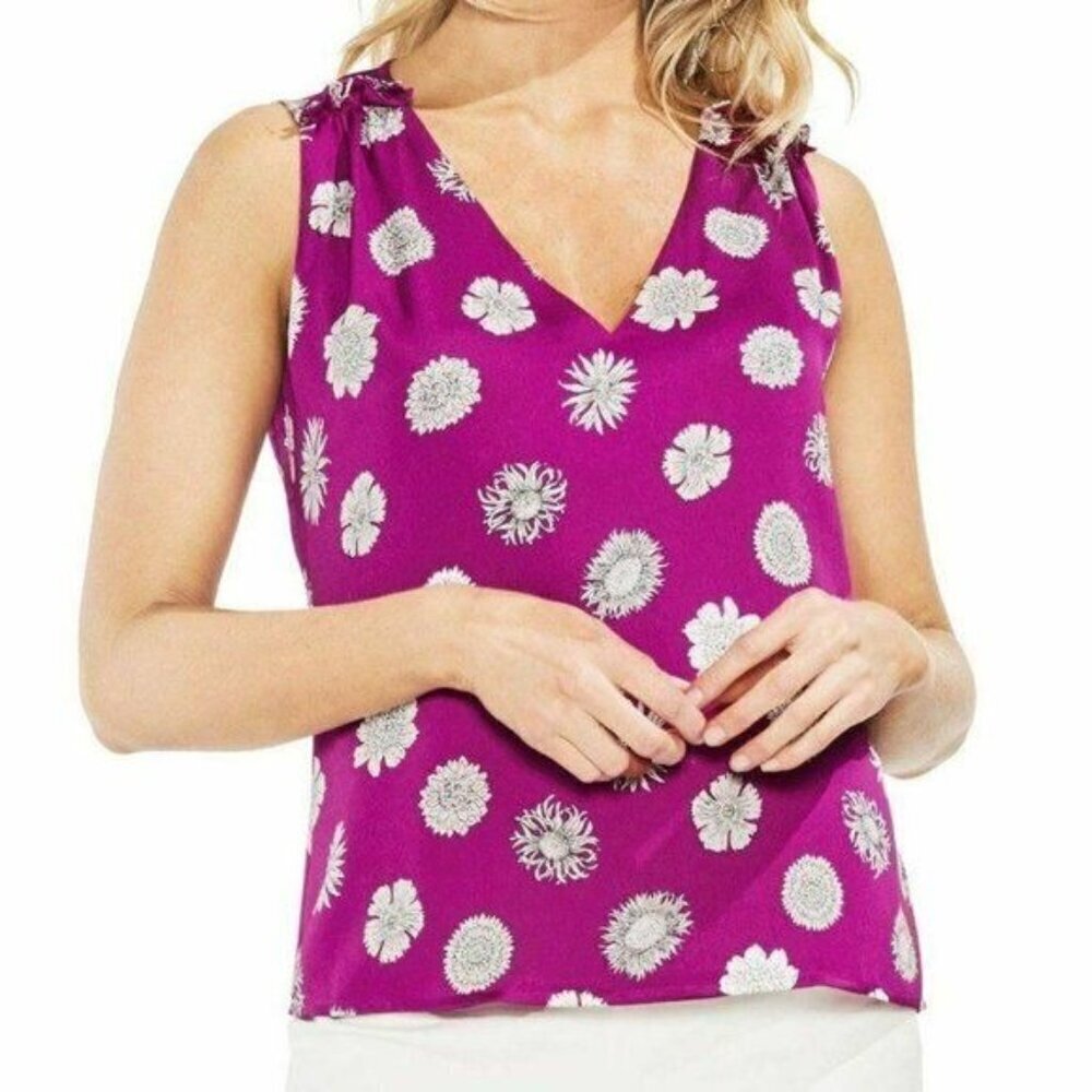 Vince Camuto Floral Ruffle Shoulder Sleeveless Blouse Large Pink White Flowers